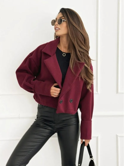 Women's Cropped Wool Blend Coat with Notch Lapel and Double Breasted Button Closure for Fall Winter Fashion
