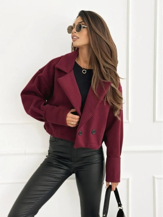 Women's Cropped Wool Blend Coat with Notch Lapel and Double Breasted Button Closure for Fall Winter Fashion