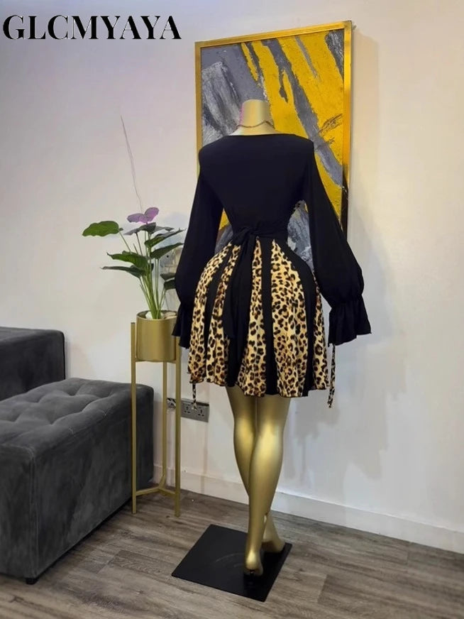 CM.YAYA Women Leopard Printed Patchwork Strapless Long Sleeve A-line Mini Midi Dress Fall Holiday Party Birthday Street Dresses