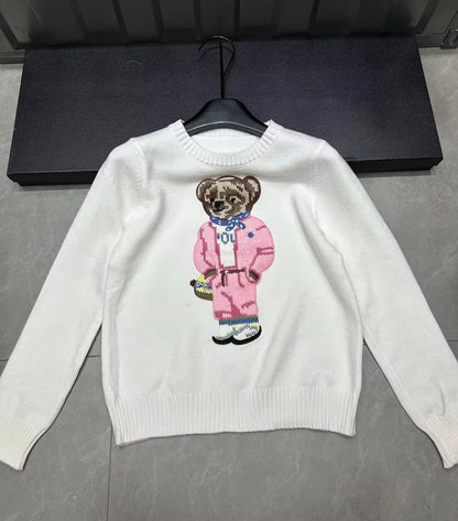 Cartoon Pink Bear Pullover Sweater Fall/Winter New Fashion Casual Long Sleeve Embroidery Knitted Tops For Women