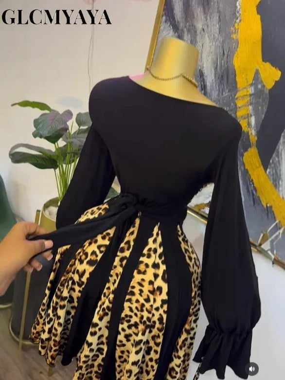 CM.YAYA Women Leopard Printed Patchwork Strapless Long Sleeve A-line Mini Midi Dress Fall Holiday Party Birthday Street Dresses