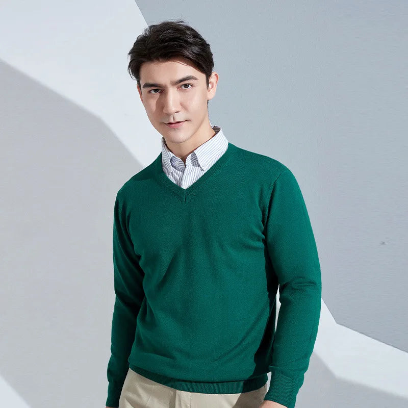 Cashmere Cotton Blend Classic V-neck Knitted Sweater Men Pullover 2024 Autumn Winter Soft Warm Business Casual Jumper pull homme