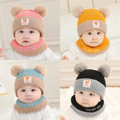 1Set Baby Hat Scarf Set Bear Warm Knitted Children Winter Hat Cap Bonnet Infant Toddler Kids Hat Boys Girls Crochet Beanie