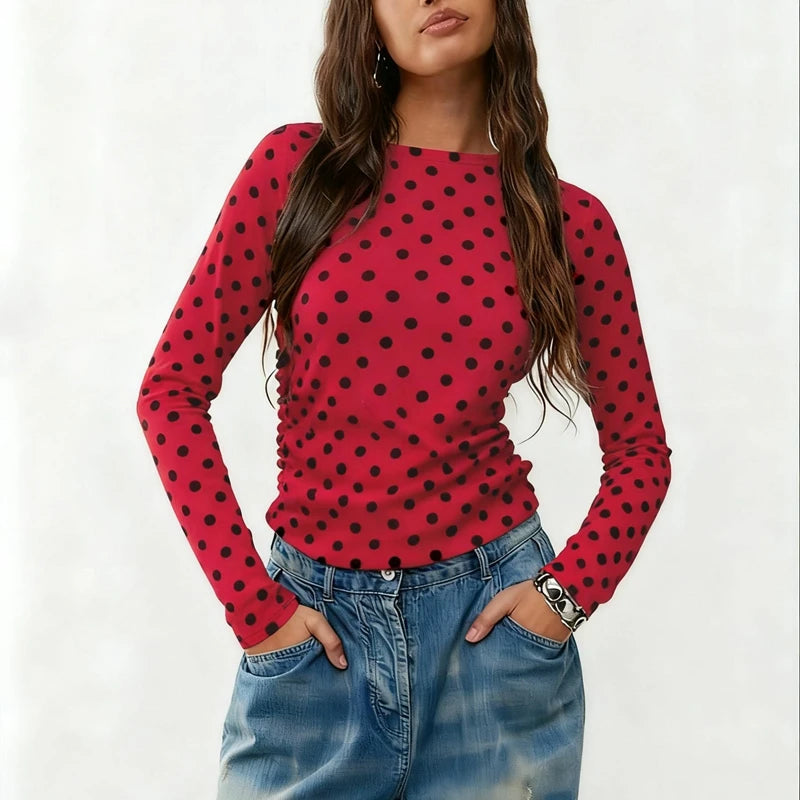 Combhasaki Women Y2k Vintage Polka Dot T-Shirts Slim Long Sleeve Round Neck Side Ruched Pullovers Shirt Tops Fall Winter Clothes