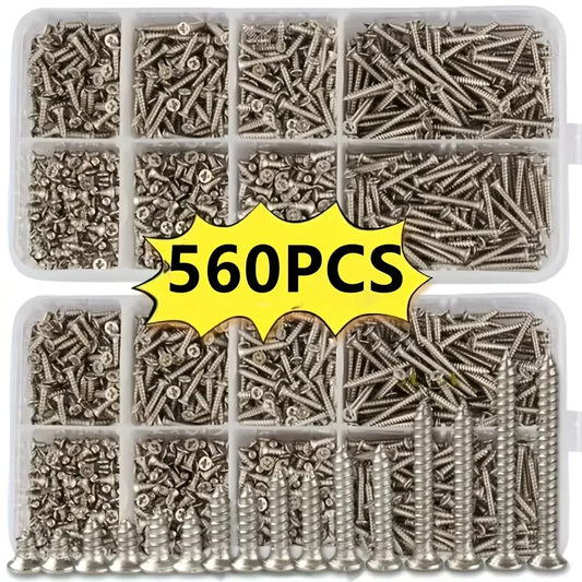 Box of 560 Self-Tapping Wood Screw Set - Includes 8 Different Sizes of M2 Flat Metal Screw Classification Kit