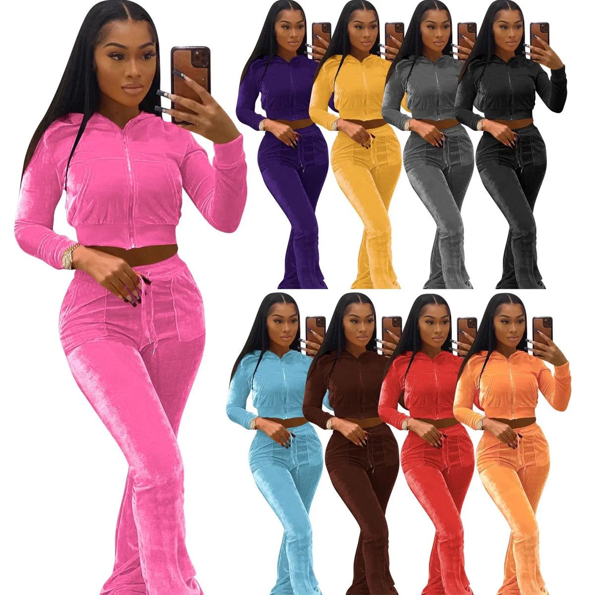 Hot Sale Fall Women's hoodie Set Zipper Pocket Crop Top Jacket Velvet Jogging suit Velour tracksuits Women Two Piece set