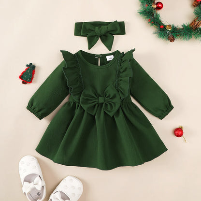 Baby Girl Autumn Dress Ruffled Edges and Bow, Long-Sleeved Dress+Headband for 0-18 Months Cute Baby Girl Holiday Party Costume