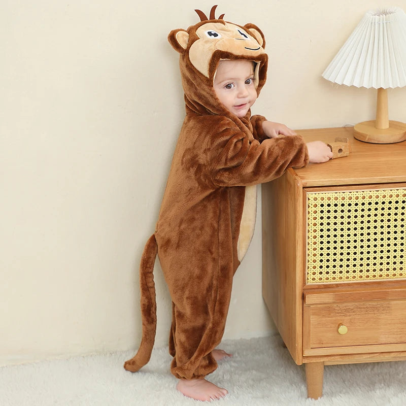 MICHLEY Carnaval Baby Cartoon Romper Winter Newborn Monkey Hooded Infant Clothing Boy Girl Pajamas Animal Onesie Jumpsuit