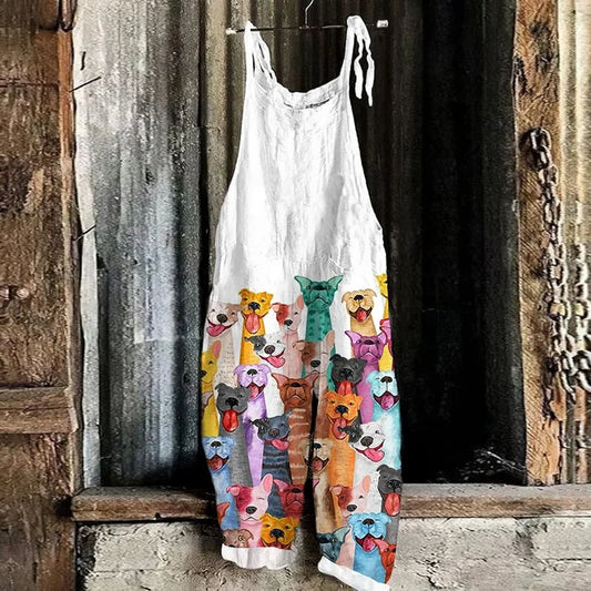 2024 New Women's Summer Chic Vintage Jumpsuit Cute Dog 3D Printed Tie Back Pants Comfortable Casual Plus Size Jumpsuit Women's