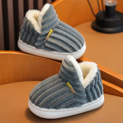 New Winter Simplicity Stripe Plush Slippers Children's Non-slip Soft Sole Kids Boys Girls Heel Wrap Warm High Home Cotton Shoes