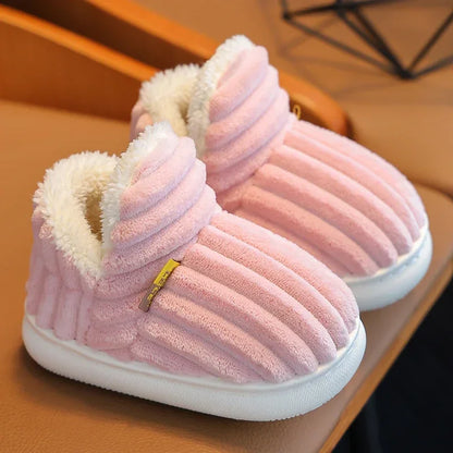 New Winter Simplicity Stripe Plush Slippers Children's Non-slip Soft Sole Kids Boys Girls Heel Wrap Warm High Home Cotton Shoes