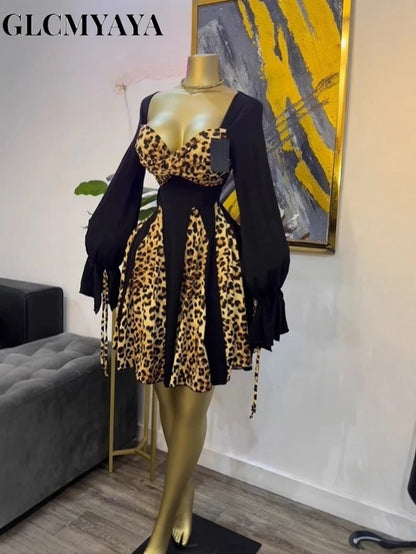 CM.YAYA Women Leopard Printed Patchwork Strapless Long Sleeve A-line Mini Midi Dress Fall Holiday Party Birthday Street Dresses