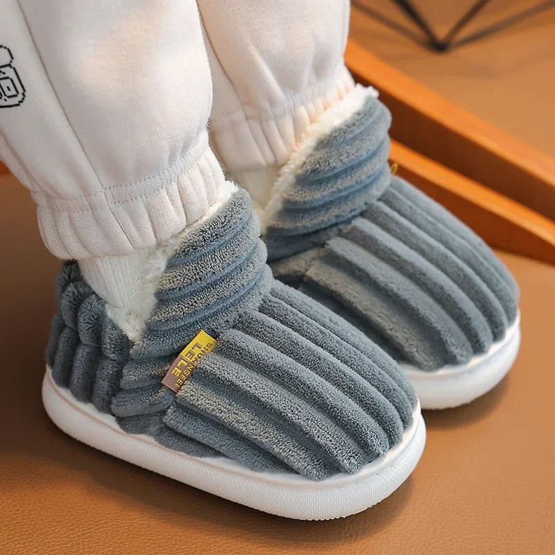 New Winter Simplicity Stripe Plush Slippers Children's Non-slip Soft Sole Kids Boys Girls Heel Wrap Warm High Home Cotton Shoes