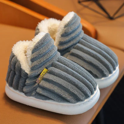 New Winter Simplicity Stripe Plush Slippers Children's Non-slip Soft Sole Kids Boys Girls Heel Wrap Warm High Home Cotton Shoes