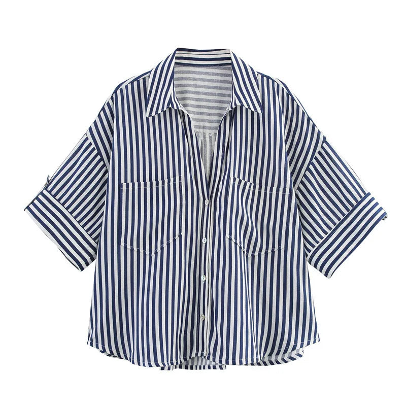 Fall Autumn Women Half Sleeve Single Breasted Blouse and Shirt V-neck Pockets Street Casual Loose OL Tops Shirts