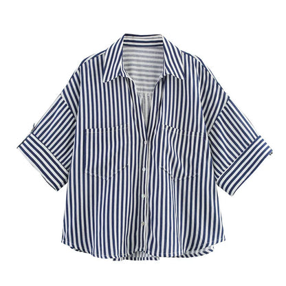 Fall Autumn Women Half Sleeve Single Breasted Blouse and Shirt V-neck Pockets Street Casual Loose OL Tops Shirts