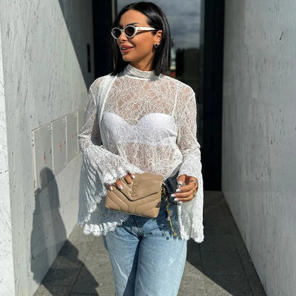Tornova Sexy Lace Women's T shirt Ruffled Sleeve Ribbon Blouse Fashion Pullover Fall Winter Casual Office Lady T shirt