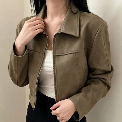 Retro Lapel Lady Short Coat Zipper Long Sleeves Patchwork Slim Fitting Jacket 2026 Spring Fall Commute Office Daily Outerwear