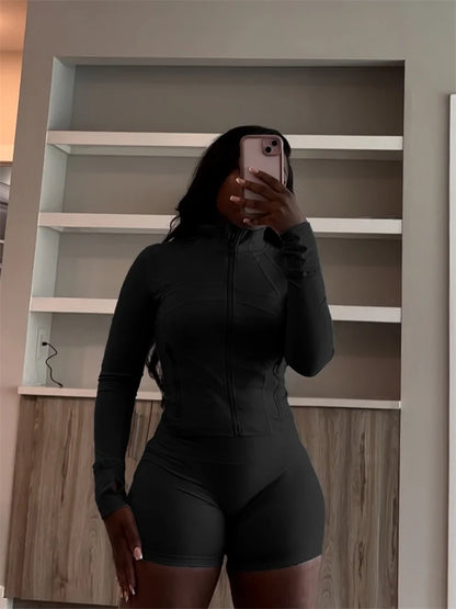 Fall Siold Bodycon Zipper Crop Top Women Tracksuits Sets+Trousers Women Black Gray 2 Two Pieces Matching Leggings Shorts Suits