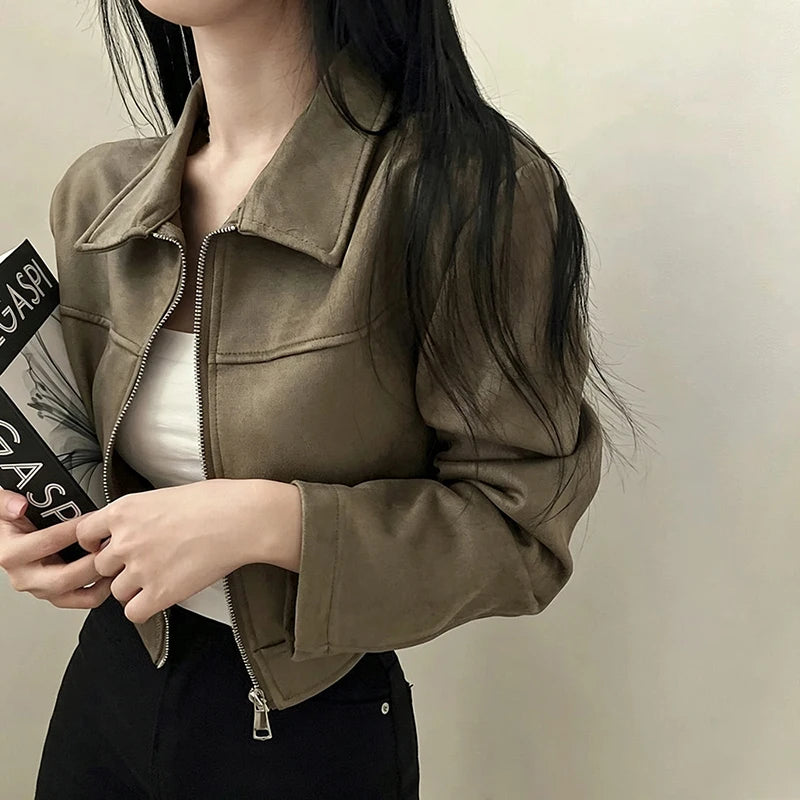 Retro Lapel Lady Short Coat Zipper Long Sleeves Patchwork Slim Fitting Jacket 2026 Spring Fall Commute Office Daily Outerwear