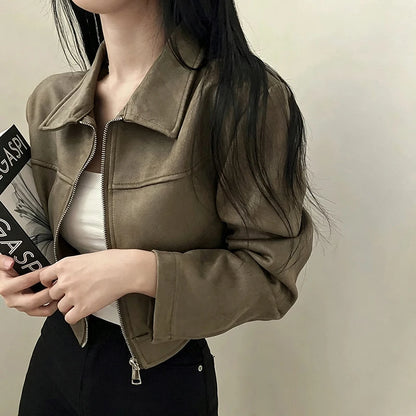 Retro Lapel Lady Short Coat Zipper Long Sleeves Patchwork Slim Fitting Jacket 2026 Spring Fall Commute Office Daily Outerwear