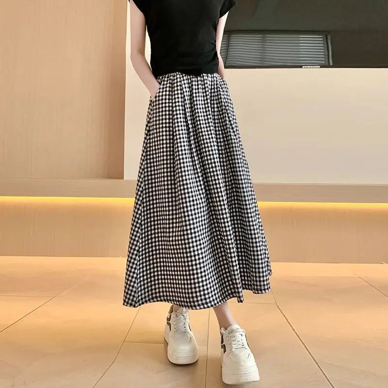 Black White Checkered A-line Skirt Women Summer Lightweight High Waisted Long Skirt