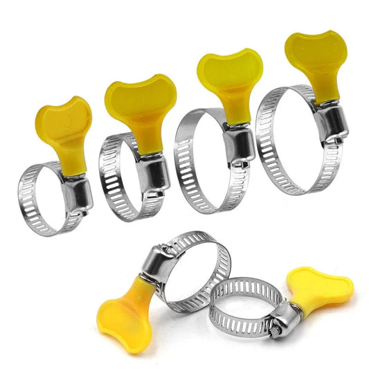 5/10pcs 8-44mm Adjustable Yellow Plastic Handle Hand Twist Hose Clamps Worm Driving 201 Stainless Steel Pipe Clips For Tube