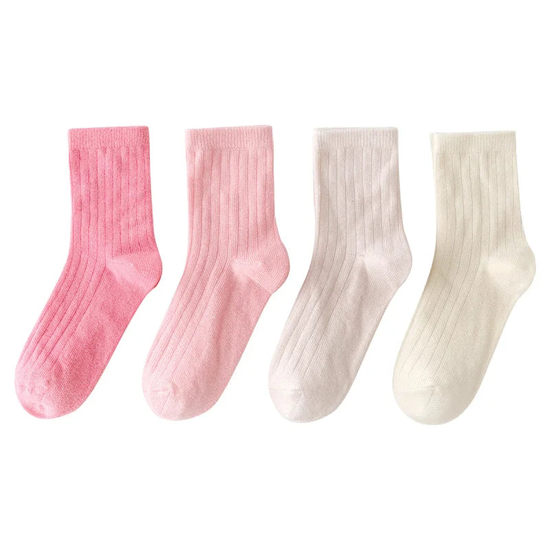 Four Pairs of Children's Socks for Spring and Autumn, Striped Versatile Style, Mid-Calf Socks with a School Style.