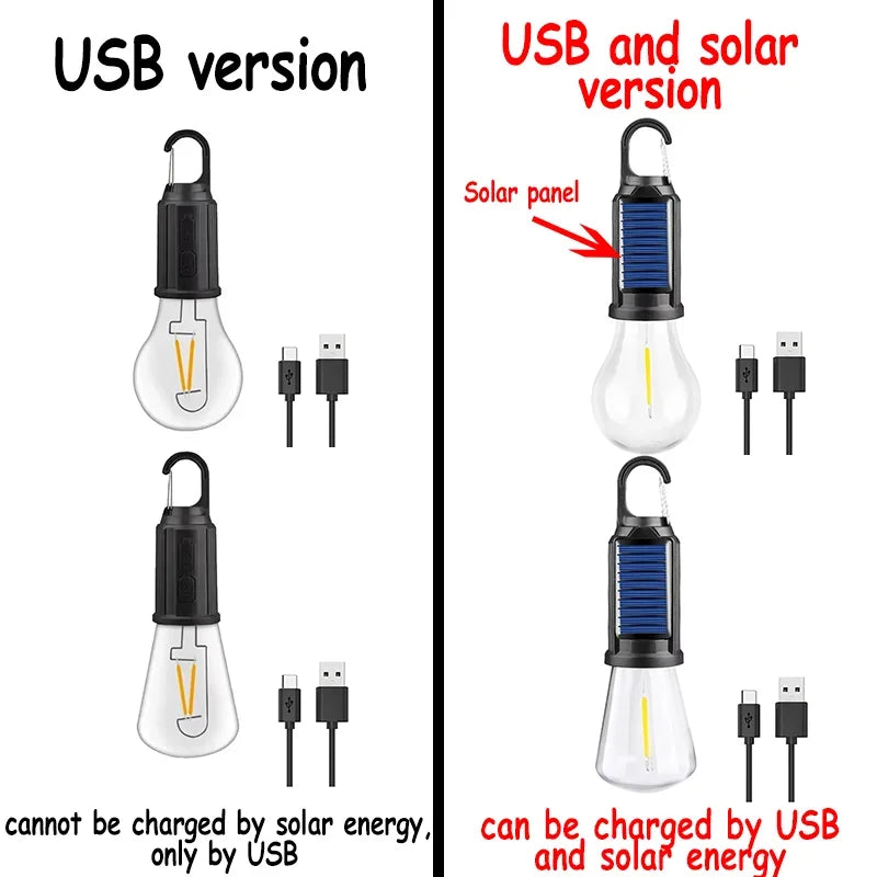 Vintage Solar & USB Rechargeable Camping Lantern LED Retro Tungsten Lamp Multifunctional Atmosphere Tent Light Bulb for Outdoor