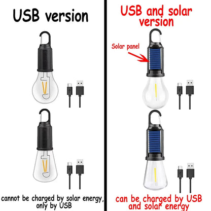 Vintage Solar & USB Rechargeable Camping Lantern LED Retro Tungsten Lamp Multifunctional Atmosphere Tent Light Bulb for Outdoor