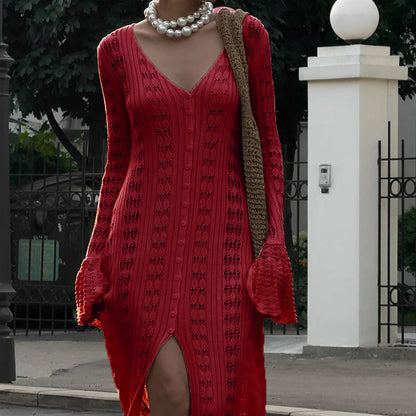 Women Knit Dress Long Sleeve Button Closure Cardigan Hollow Out Long Dress Top for Daily Street Summer Fall