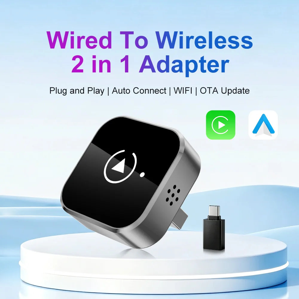2-in-1 Wireless CarPlay Adapter for iPhone and Android Auto USB Adapter 5.8GHz WiFi automatic connection wired to wireless