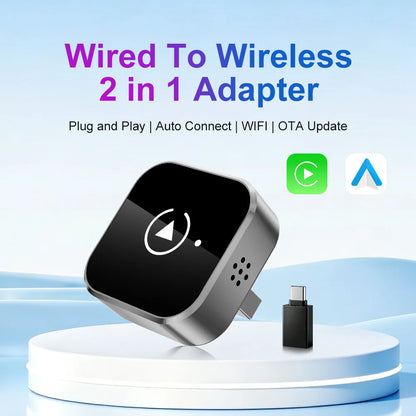 2-in-1 Wireless CarPlay Adapter for iPhone and Android Auto USB Adapter 5.8GHz WiFi automatic connection wired to wireless