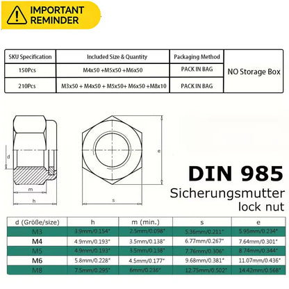 210/150pcs Stainless Steel Hex Lock Nuts, Anti-Slip Self-Locking M3-M8/M4-M6 Assortment for Industrial/Construction/Automotive
