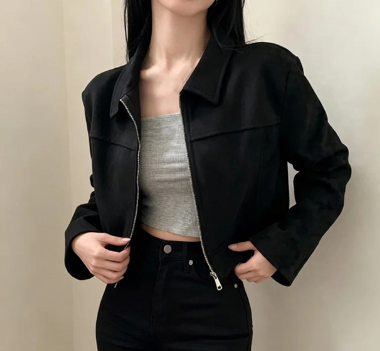 Retro Lapel Lady Short Coat Zipper Long Sleeves Patchwork Slim Fitting Jacket 2026 Spring Fall Commute Office Daily Outerwear