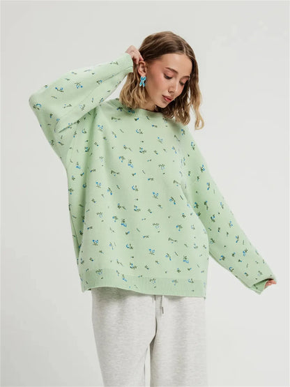 Women's Cream White Floral Print Longline Knit Sweater Crew Neck Relaxed Fit Cardigan with Flowers Fall Winter Boho Chic