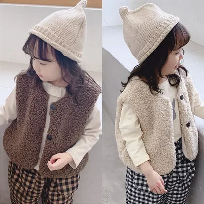 Autumn Winter Baby Plus Velvet Waistcoat Girls Boys Plush Vest Single Breasted V Neck Child Warm Fashion Warm Teddy Hair Coat