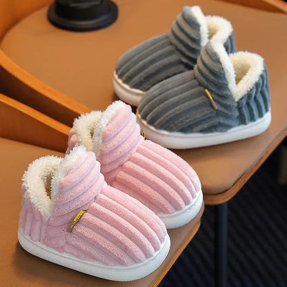 New Winter Simplicity Stripe Plush Slippers Children's Non-slip Soft Sole Kids Boys Girls Heel Wrap Warm High Home Cotton Shoes