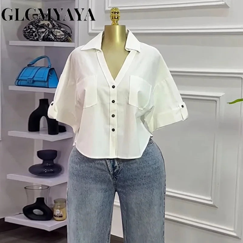 Fall Autumn Women Half Sleeve Single Breasted Blouse and Shirt V-neck Pockets Street Casual Loose OL Tops Shirts