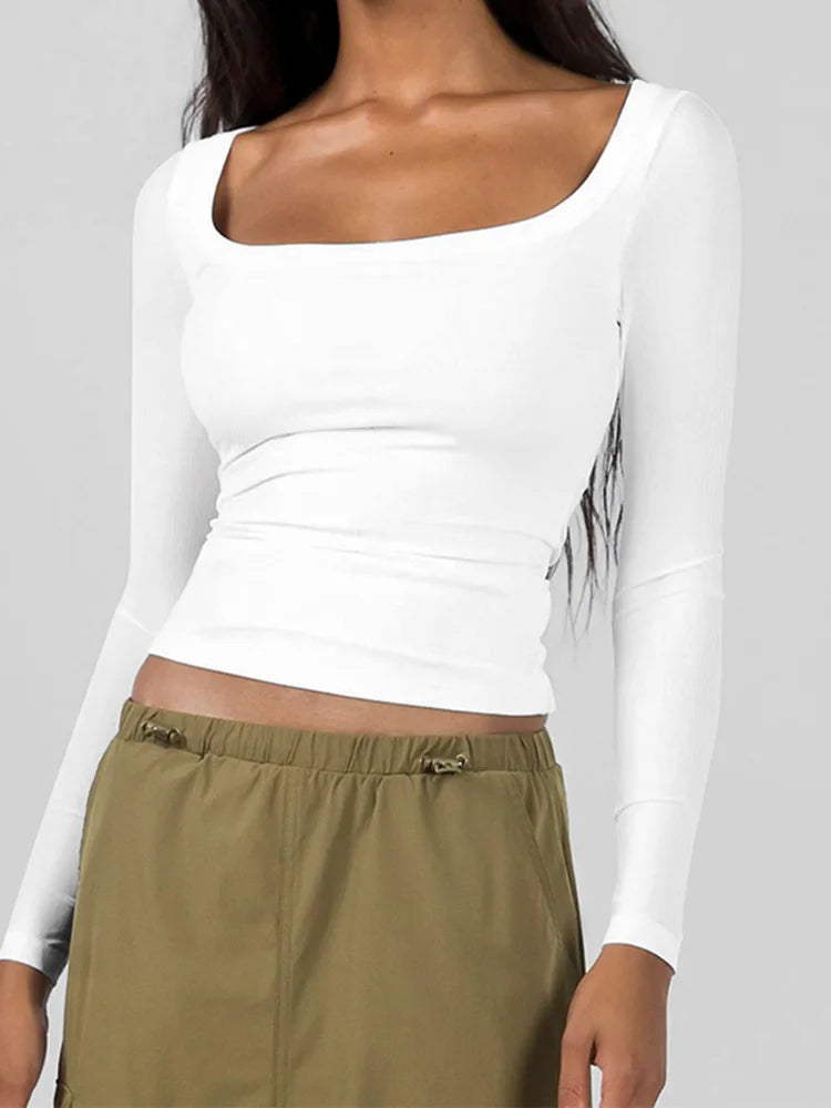 Women Long Sleeve Square Neck T-Shirt Tops Solid Color Street Casual Fall Spring T-Shirt For Women