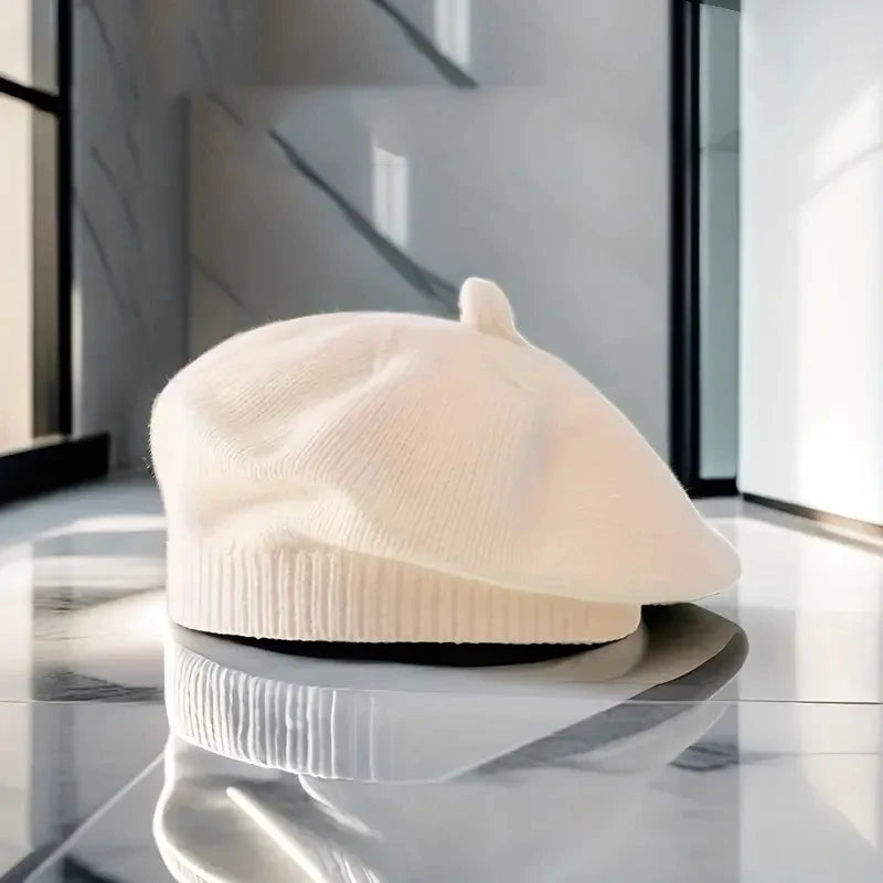 Flower Baby Beret Hat Winter Warm Knitted Beanie Cap for Infant Girls Korean Toddler Princess Artist Solid Color Painter Caps