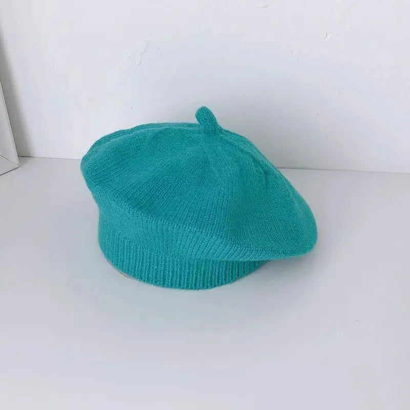 Flower Baby Beret Hat Winter Warm Knitted Beanie Cap for Infant Girls Korean Toddler Princess Artist Solid Color Painter Caps