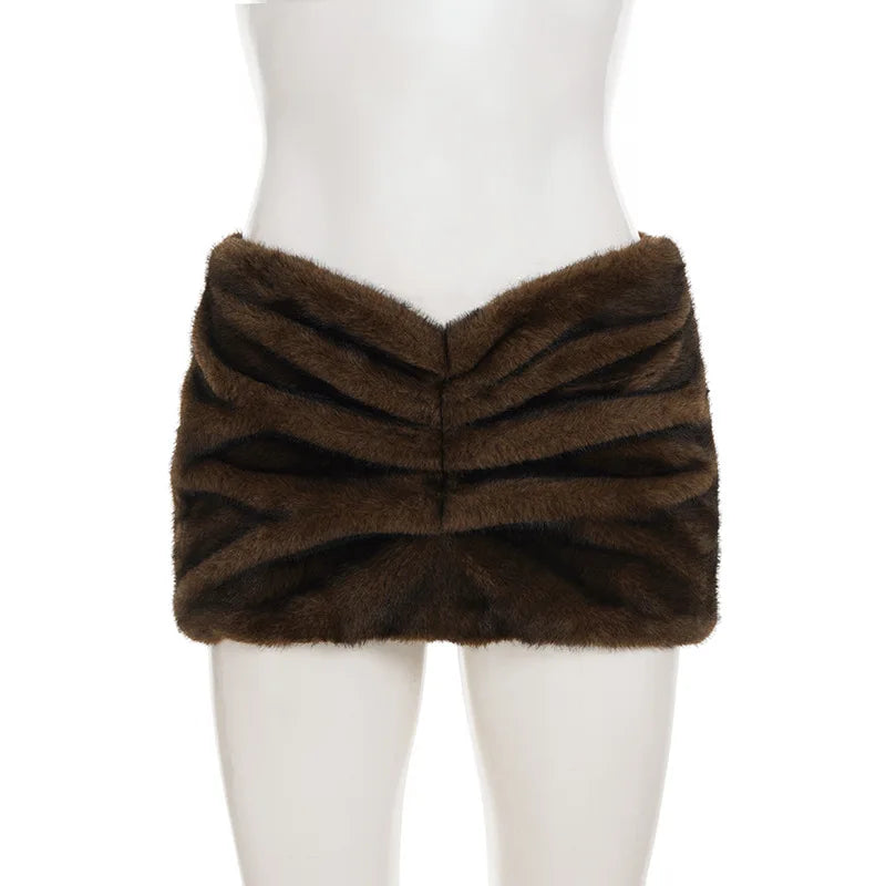 ANJAMANOR Faux Fur Furry Skirts for Woman Sexy Club Wear Low Rise Mini Skirts Women Fall Winter Clothes