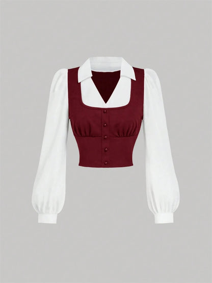 Women's Black & White Stripe Print 2 In 1 Long Sleeve Shirt Decorate Buttons V-Neck College Style Cropped Shirt Spring/Fall