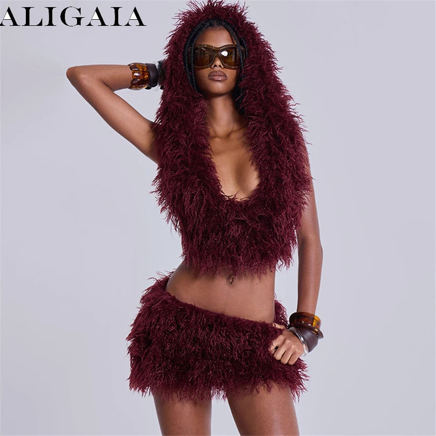 Fashion Faux Fur 2 Piece Set Women Lace Up Backless Hooded Tank Tops + Bodycon Mini Skirts Casual Street Suits