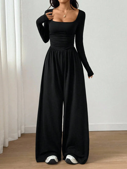 Women's Casual Solid Color Square Neck Long Sleeve A-Line Jumpsuit Pleating Wide Leg Loose Mopping Jumpsuit Spring/Fall 2026
