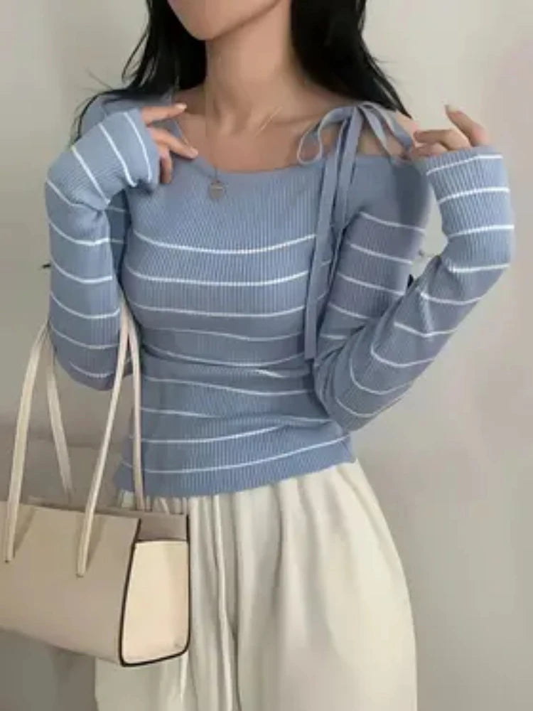 New Women's Elegant Off-Shoulder Sweater T-Shirt Black White Striped with Adjustable Lace-Up Fall Winter Casual Chic Top