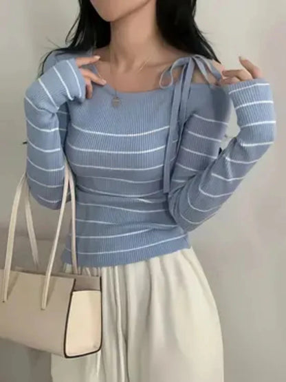 New Women's Elegant Off-Shoulder Sweater T-Shirt Black White Striped with Adjustable Lace-Up Fall Winter Casual Chic Top