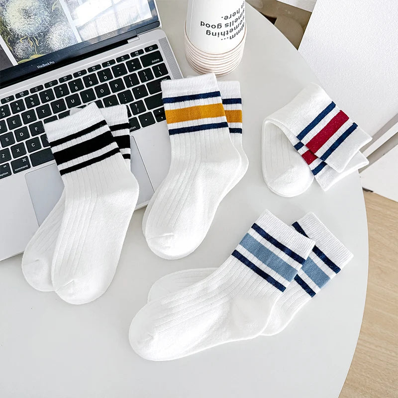 Four Pairs of Children's Socks for Spring and Autumn, Striped Versatile Style, Mid-Calf Socks with a School Style.