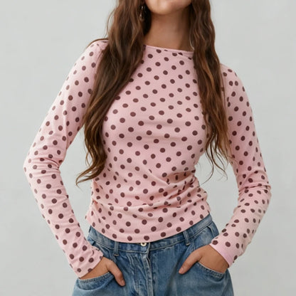 Combhasaki Women Y2k Vintage Polka Dot T-Shirts Slim Long Sleeve Round Neck Side Ruched Pullovers Shirt Tops Fall Winter Clothes